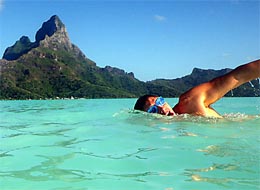 swimming with Mt Otemanu in the background